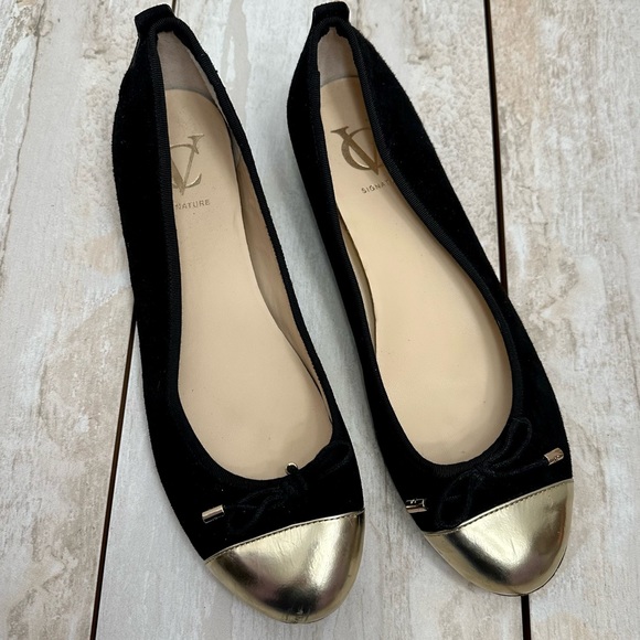 Vero Cuoio Women’s Sz 9 1/2 Black Suede Ballet Flats With Gold Leather Toe Tips - Picture 8 of 9